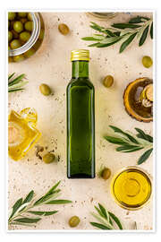 Green and black olives with a bottle of olive oil